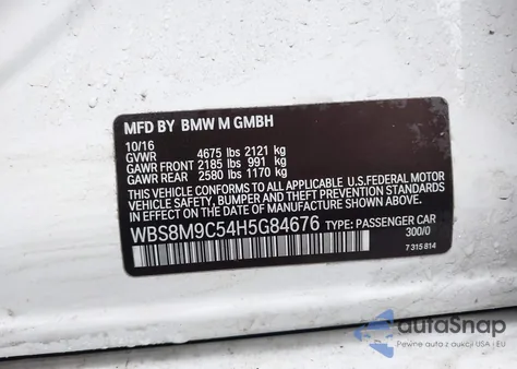 2017 BMW M3 из США, поврежденный, VIN WBS8M9C54H5G84676